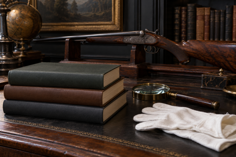 antique sporting rifle in background and closed books with completely blank spines, magnifying glass and cotton gloves on dark library table