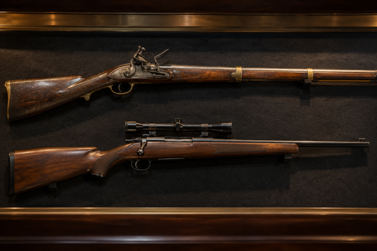 an antique flintlock long gun and a mid-century sporting rifle displayed horizontally on dark museum felt, warm museum lighting
