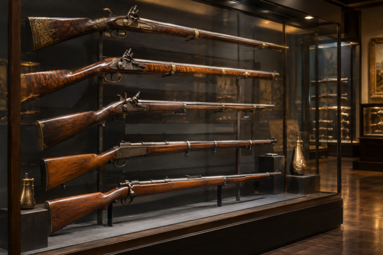 wide view of tasteful museum glass display of historical long guns, no labels or lettering, subdued warm lighting