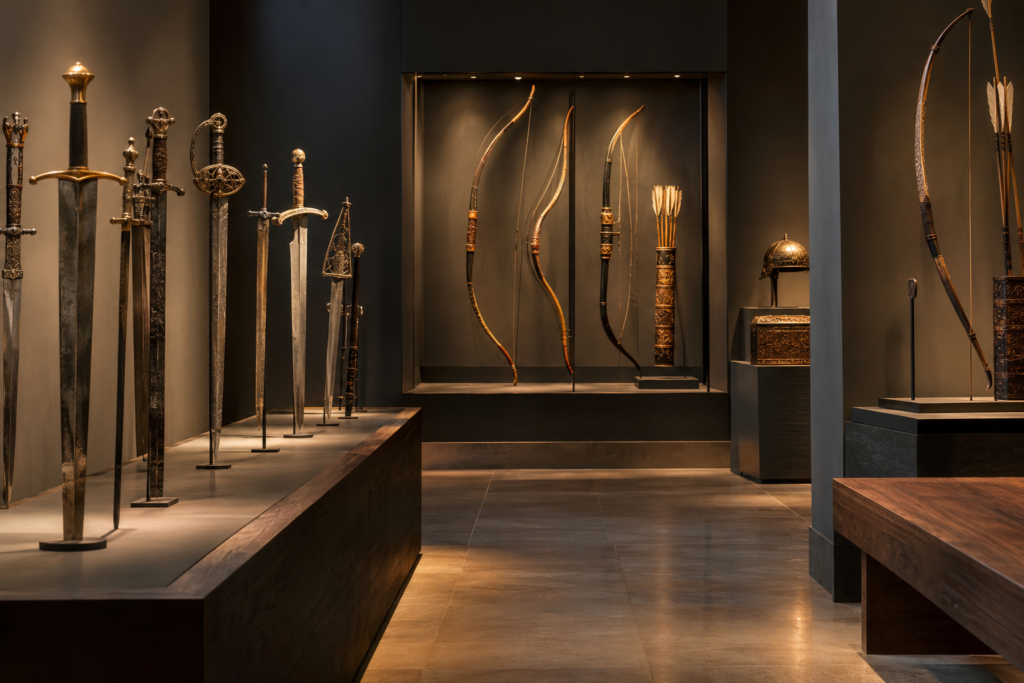 wide tasteful museum gallery display with historic swords and traditional bows, soft warm spotlights, blank walls and no labels
