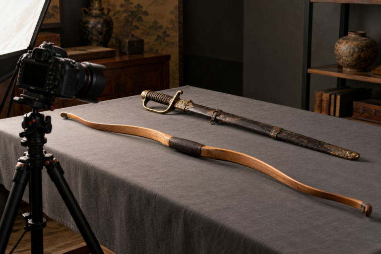 camera on tripod beside a neutral photo table with a sheathed historical sword and an unstrung wooden bow, no screens or lettering