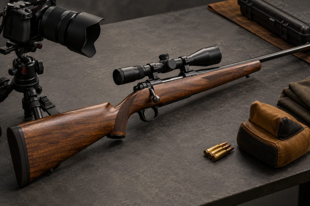 unbranded sporting rifle lying on a neutral charcoal photography table with tripod camera nearby, no screens or printed text