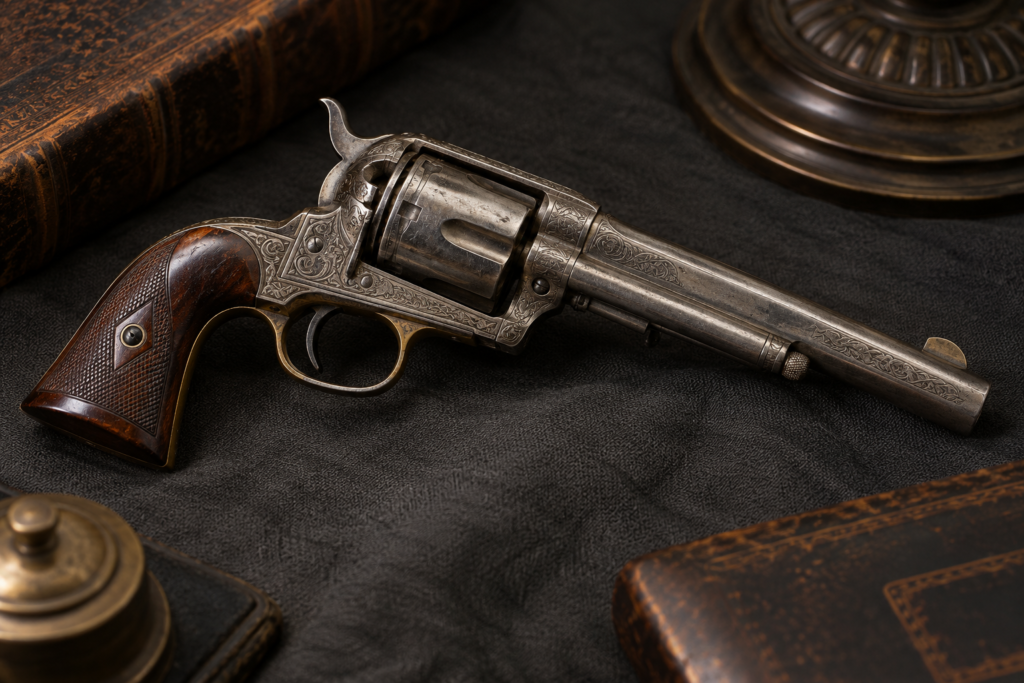 antique unbranded revolver with intact closed cylinder on dark museum cloth, close editorial photo of craftsmanship