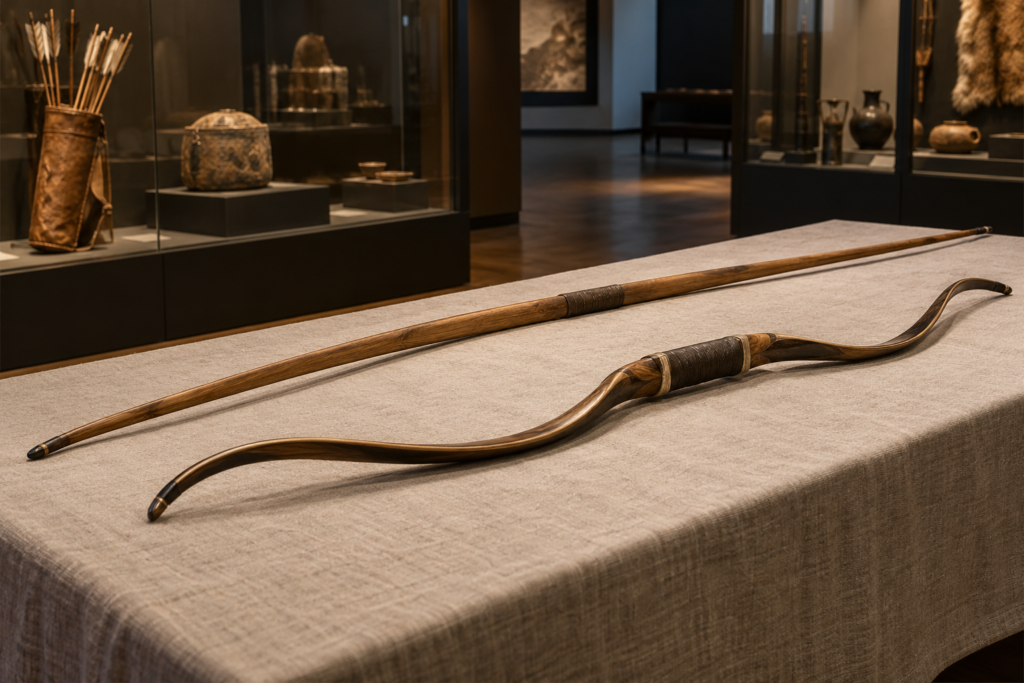 unstrung wooden longbow and unstrung traditional recurve bow laid on linen in a museum gallery, full bow shapes visible